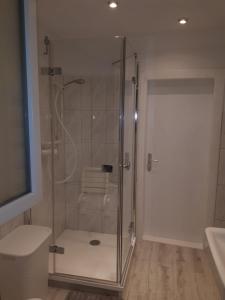 um chuveiro com uma porta de vidro na casa de banho em Ferienwohnung Hansen-Jöns em Friedrichstadt