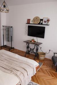 1 dormitorio con cama, mesa y TV en Bohome studio sa terasom - FREE PARKING en Vranje