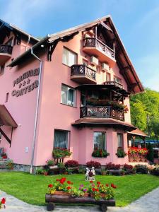 a pink building with two dogs in front of it at Pensiunea Contesa in Sovata