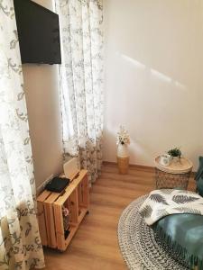 un salon avec une télévision à écran plat et un canapé dans l'établissement Andrea Apartman Miskolc belvárosában, à Miskolc