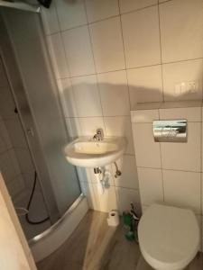 a bathroom with a sink and a toilet at Apartament w Chmurach in Jaworzynka