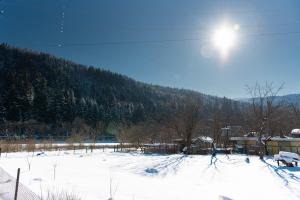 un campo cubierto de nieve con el sol en el cielo en Zarinok House, en Skole