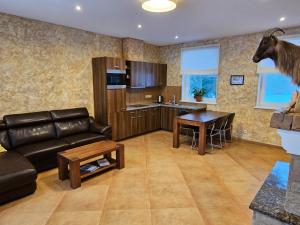 - un salon avec un canapé en cuir et une table dans l'établissement Mežnoras holiday house, 