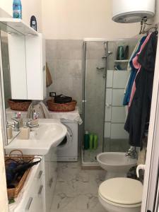 La salle de bains est pourvue de toilettes, d'un lavabo et d'une douche. dans l'établissement Villetta Carmelo, à San Pietro in Bevagna