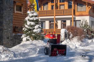 a snow covered christmas tree in front of a house at Apartments Chalet Girska Hatyna in Vorokhta