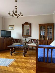 a living room with a bed and chairs and a tv at Duga Apartments in Novi Sad