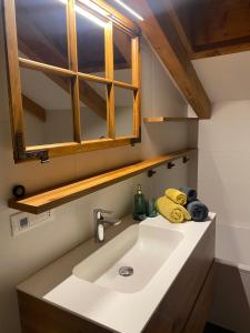 La salle de bains est pourvue d'un lavabo et d'un miroir. dans l'établissement Apartment Obstplatz - Free Parking included, à Bolzano