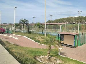 una palmera en un parque junto a una pista de tenis en Departamento amueblado moderno, en Manta