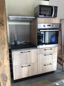 uma cozinha com um fogão e um micro-ondas em La Grange de la Maison des chats em Saint-Amans-du-Pech