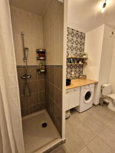 een badkamer met een douche en een wasmachine bij Chambre privée T3 Saint Fons in Saint-Fons
