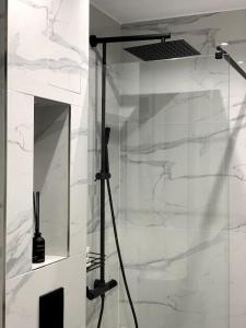 ducha con puerta de cristal y espejo en Asitad DeLuxe Apartments en Ruse