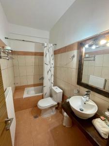 a bathroom with a toilet and a sink and a tub at Guesthouse Alexandros in Pýli