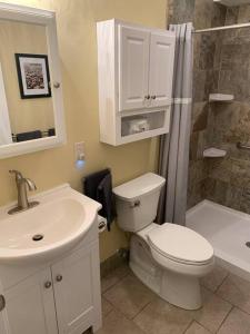 La salle de bains est pourvue de toilettes, d'un lavabo et d'une douche. dans l'établissement Cottage11 of Avalon: 2 Bedroom, Laundry, RV parking. Quiet, à Lansing
