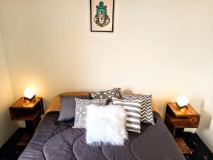 Un dormitorio con una cama con almohadas. en Beagle House Centro en Ushuaia