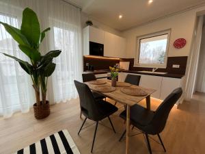uma cozinha e sala de jantar com mesa e cadeiras em Nature in the City upper storey Bestern em Szeged