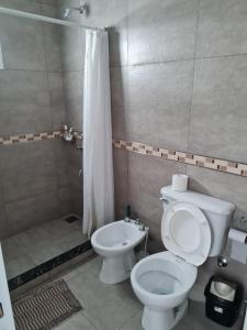 uma casa de banho com um WC e um chuveiro em Del Sur Alquiler temporario em Sunchales