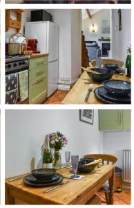 una cucina con tavolo in legno e piatti di The Hideaway a Shepton Mallet