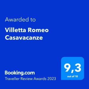 Certifikát, ocenenie alebo iný dokument vystavený v ubytovaní Villetta Romeo Casavacanze