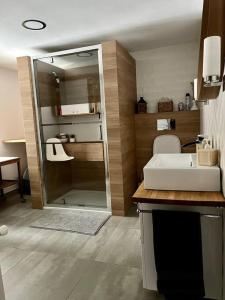 W łazience znajduje się umywalka i przeszklony prysznic. w obiekcie Domek w Karkonoszach w mieście Karpacz