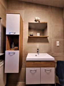 La salle de bains est pourvue d'un lavabo blanc et d'un miroir. dans l'établissement Apartamento Maria, à Kleinheubach