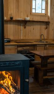 a kitchen with a stove and a fire in a oven at Feel Funny House in Kʼveda Marghi
