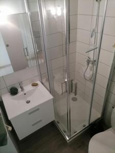 a bathroom with a shower and a sink at plage du Môle in Cap d'Agde