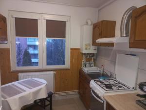 a kitchen with a stove top oven next to a window at City Center Flat in Odorheiu Secuiesc