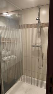 una doccia con porta in vetro in bagno di Au Trouli a Verviers
