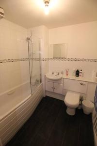 een badkamer met een toilet, een wastafel en een douche bij 3 bedroom flat 10 mins walk to Bay and City center Free Parking in Cardiff