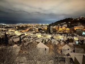 uma vista para uma cidade com telhados cobertos de neve em Grand View Apartment em Brasov