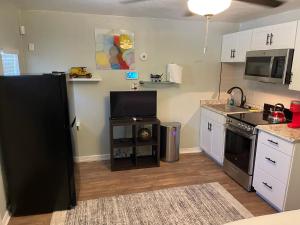 uma cozinha com um frigorífico preto e um lavatório em The Quiet Sunshine Studio em Jacksonville