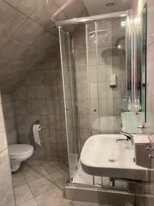een badkamer met een douche, een wastafel en een toilet bij Restauracja Zacisze Leśne Noclegi in Knurów