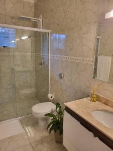 a bathroom with a toilet and a shower and a sink at Recanto Wunderwald Casa Pomerode in Pomerode +44 photos