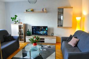 Sala de estar con 2 sofás y TV en Apartman Anita, en Buzet