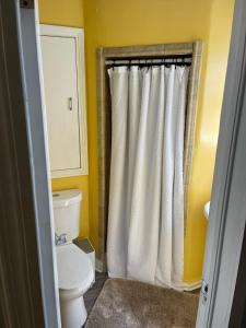 a bathroom with a toilet and a white shower curtain at The Quiet Sunshine Studio in Jacksonville