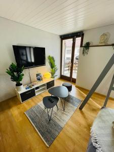 a living room with two chairs and a flat screen tv at Au Doubs Village in Métabief