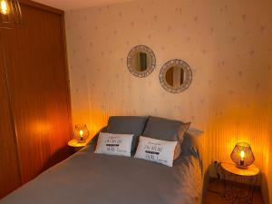 a bedroom with two pillows on a bed with two lamps at Maison PHILIPPE et Fils in Saint-Bonnet-près-Riom