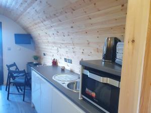a kitchen with a counter with a sink and a microwave at Grimsay Glamping, North Uist - Pod Glas in Rossinish