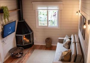 a living room with a couch and a fireplace at Chalé Top Condado Urubici, banheira e piscina aquecida in Urubici