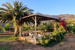 um gazebo de madeira com uma mesa e uma palmeira em Altos de Curacavi em Curacaví