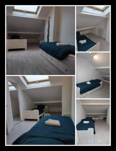 un collage de cuatro fotos de una habitación con camas en COSY HOME - Wifi - Paris/Orly - Accès 24/24 en Sainte-Geneviève-des-Bois