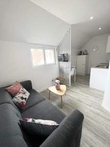 a living room with a gray couch and a kitchen at Appartement cosy & reposant in Beauvais