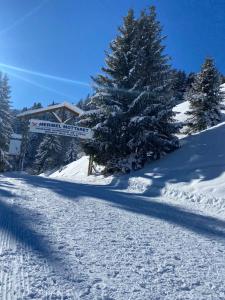 un pendio coperto da neve con un cartello e alberi di Chalet Olympie, Appartement avec balcon et vue montagne, ski aux pieds, Méribel-Mottaret a Méribel