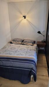 łóżko z 2 poduszkami w pokoju w obiekcie Studio cosy Saint-Étienne centre ville w mieście Saint-Étienne
