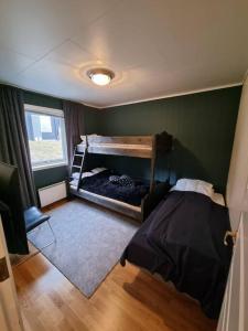 a bedroom with a bed and a green wall at Målselv Fjellandsby selveierleilighet in Bergset