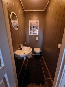 a bathroom with a sink and a toilet at Målselv Fjellandsby selveierleilighet in Bergset