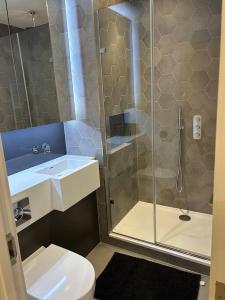 a bathroom with a shower and a toilet and a sink at Modern 2 bedroom Flat near King’s cross. in London