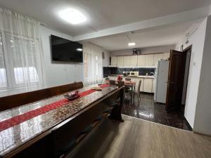 a large kitchen with a long counter in a room at Pensiunea Aurora Vartop in Vartop