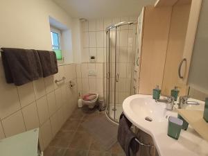 a bathroom with a shower and a sink and a toilet at Kaserer in Bruck an der Großglocknerstraße