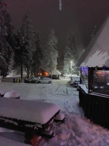 un patio cubierto de nieve por la noche con coches aparcados en Pensiunea Aurora Vartop, en Vartop